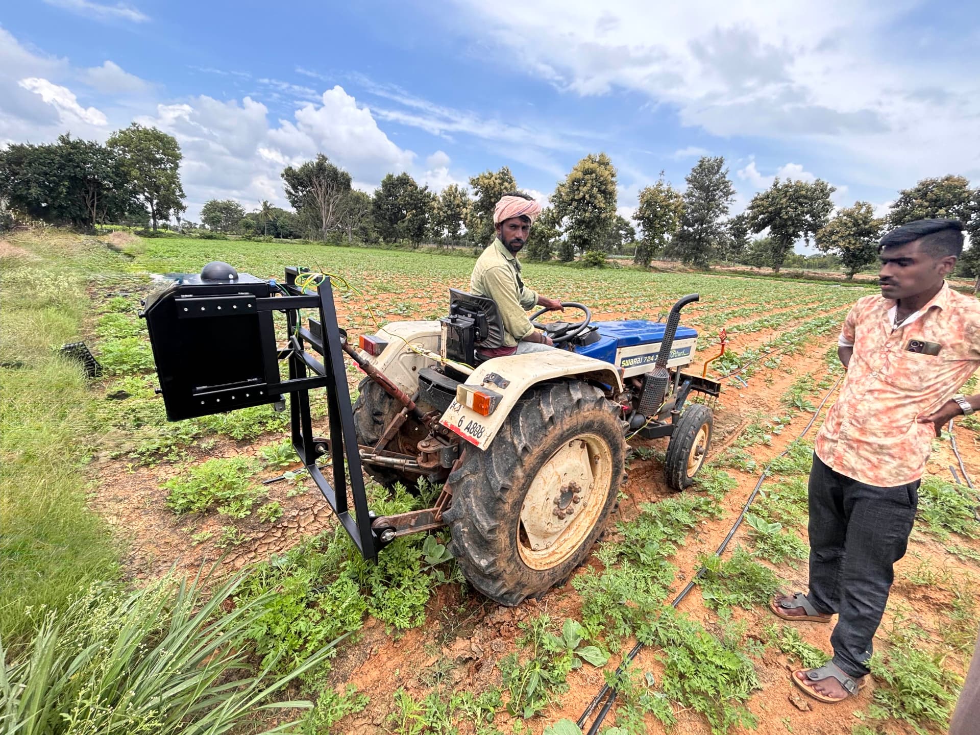 A tractor driving down straight rows of green crops
