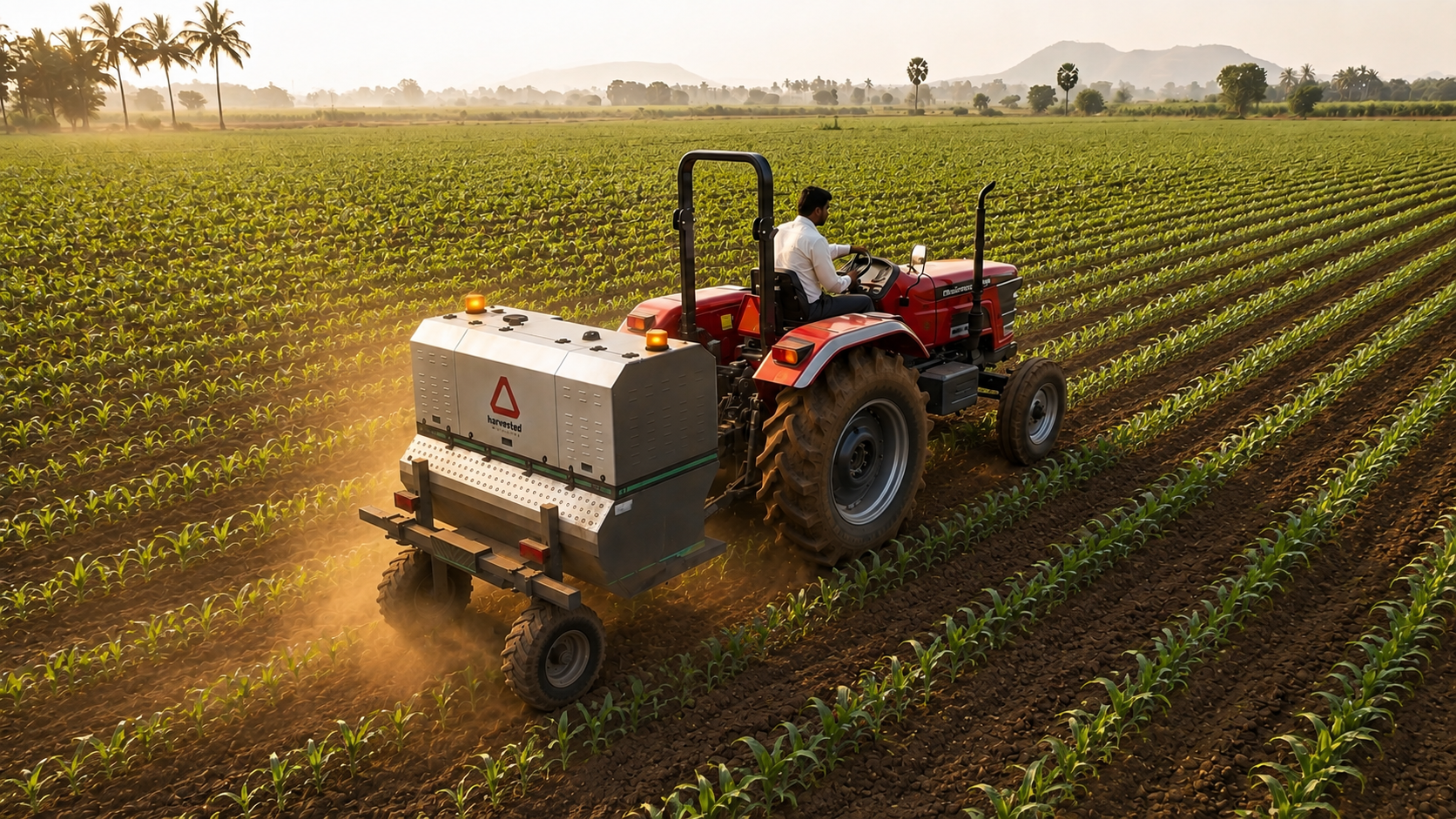 Rakshakh moving down crop rows in a sunlit field