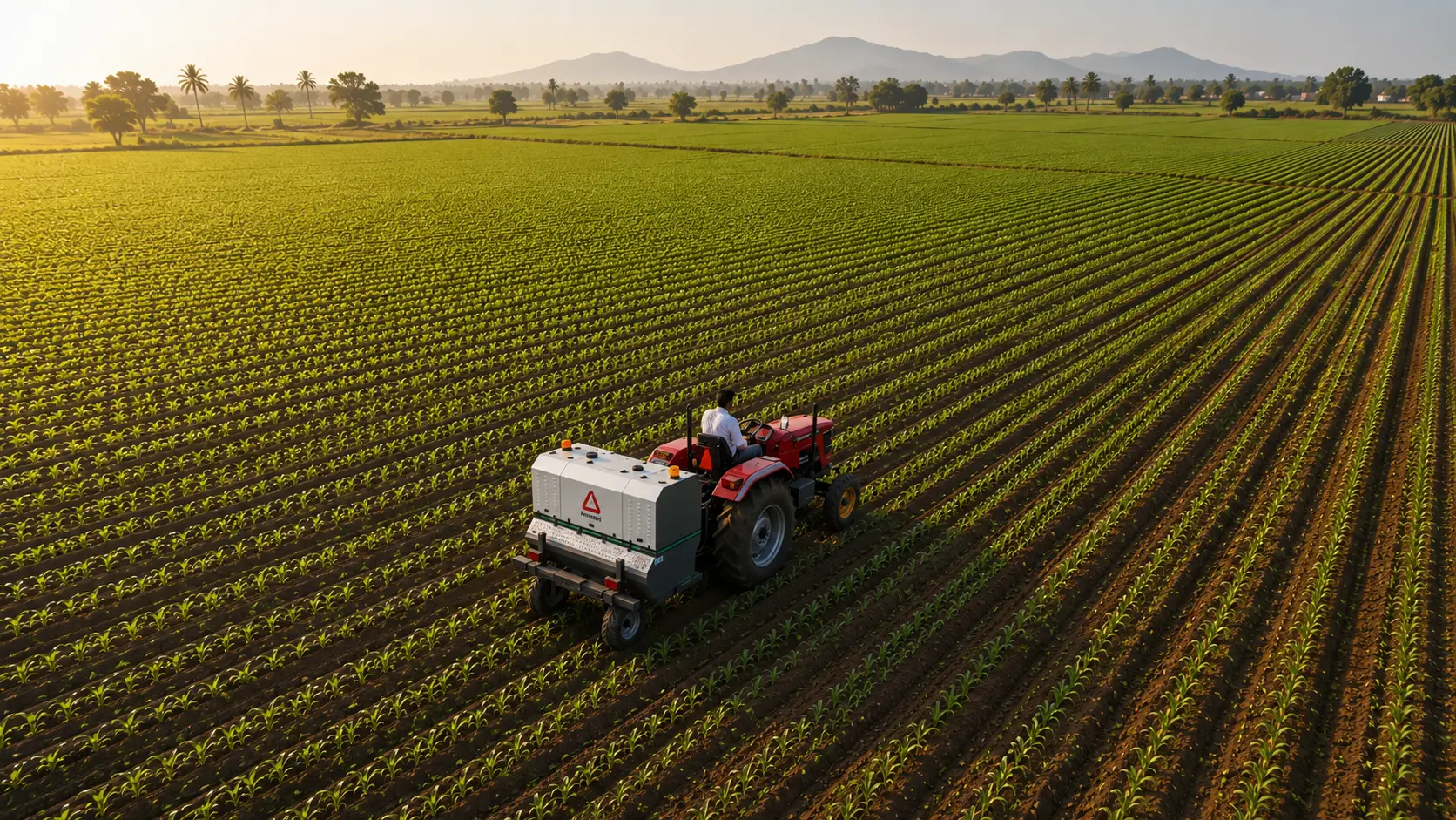 Aerial view of the RAक्षak laser weeder mounted on a tractor, working crop rows at sunrise in India